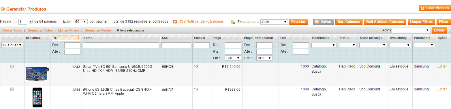 Edição de produtos no Magento na grade